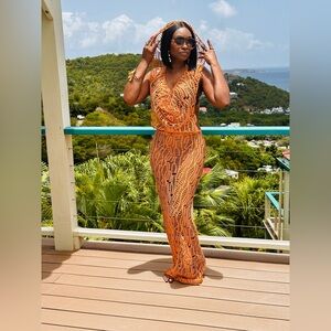 Vibrant Rust/ Orange Crochet Maxi Dress